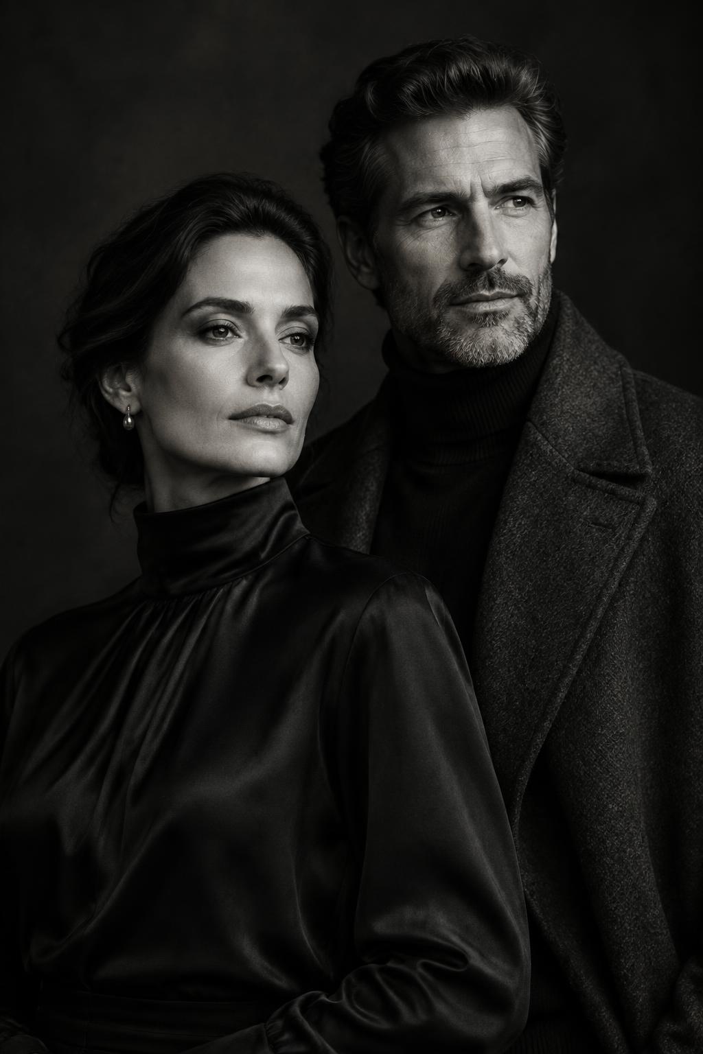 A C-suite woman and man in black and white, dressed in elegant dark attire